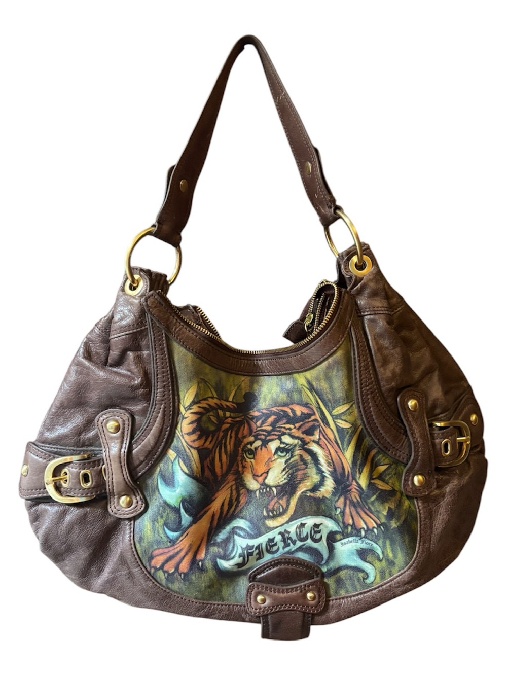 Isabella Fiore hobo bag featuring a hand-painted tiger